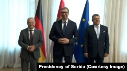 Predsednik Srbije Aleksandar Vučić sa nemačkim kancelarom Olafom Šolcom i evropskim komesarom Marošem Šefčovićem, 19. jul 2024.