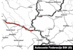 Mapa sa ucrtanom trasom brze ceste od Lašve do Jajca u srednjoj Bosni