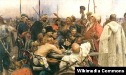 Картина українського художника Іллі Рєпіна (Ріпина) «Запорожці» (1880–1891). Цей варіант картини нині зберігається у Росії, в Санкт-Петербурзі. Писар у центрі картини змальований з друга Рєпіна, історика Дмитра Яворницького