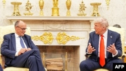 US President Donald Trump (right) meets with German Chancellor Friedrich Merz at the White House on June 5.