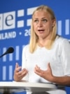 Голова ОБСЄ, міністрка закордонних справ Фінляндії Еліна Валтонен виступає на конференції ОБСЄ «Гельсінкі+50» у Гельсінкі, Фінляндія, 31 липня 2025 року