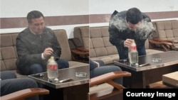 Начальник отдела сокращения бедности и содействия занятости города Андижана Д. У. употребляет гашиш предположительно в своём рабочем кабинете. Фото взято из соцсетей