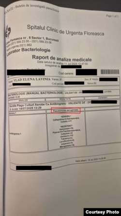 Analizele Laviniei Vlad, care arată infecția cu pioceanic.