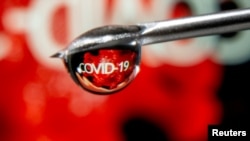 Слово «COVID-19» отражено в капле на игле шприца - Иллюстративное фото.