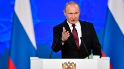 Russian President Vladimir Putin delivers his annual state of the nation address in Moscow on February 20.