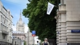 The flag of the Islamic Emirate of Afghanistan flies from the Afghan embassy in Moscow on July 4, 2025.