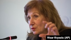 Ekaterina Trendafilova, president of the Kosovo Specialist Chambers in The Hague, speaks at a press conference in Pristina in November 2017.