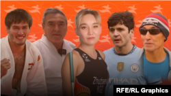 Tajik judoka Somon Mahmadbekov (left), Turkmen Aikido master Murad Kurbanov (second left), Kyrgyz Paralympian Gulnaz Juzbaeva (center), Uzbek soccer star Abdukodir Khusanov (second right), and Kazakh long-distance runner Dosmukhamed Tolegenov (composite file photo)